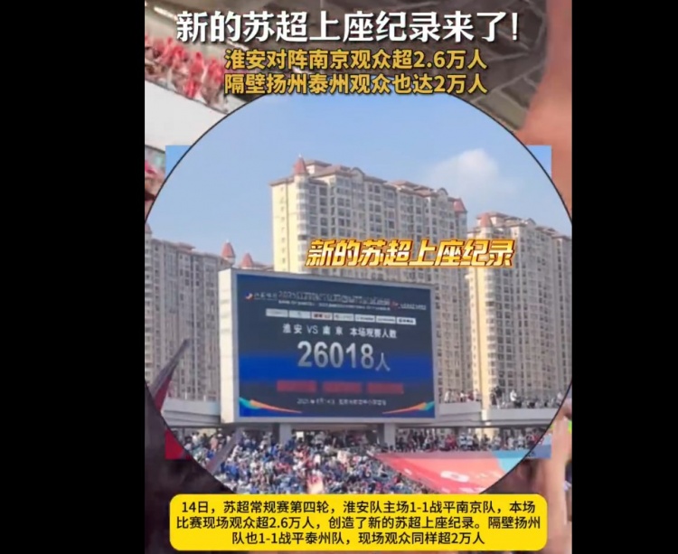 26018人！淮安主場(chǎng)對陣南京，創(chuàng  )造蘇超上座人數紀錄