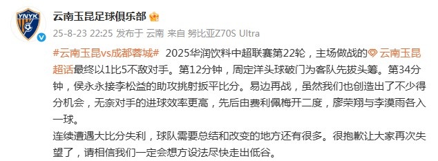連續慘??！玉昆官方致歉：讓大家再次失望了，一定會(huì )盡快走出低谷