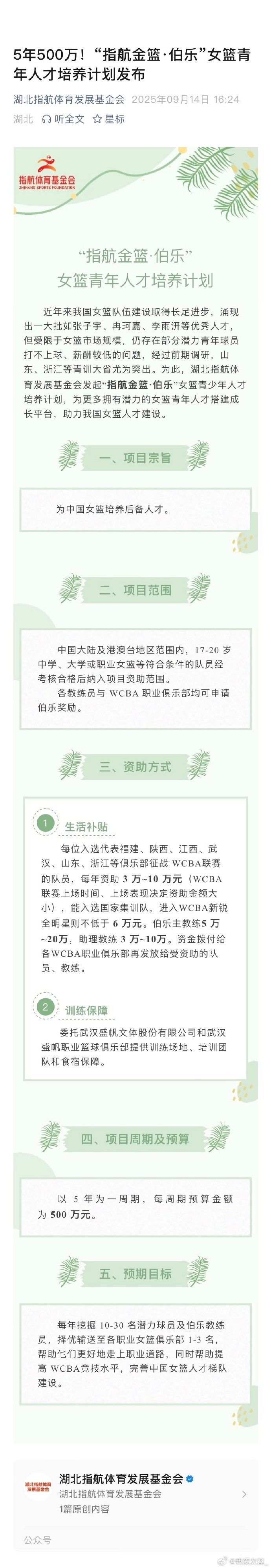 湖北指航體育發(fā)展基金會(huì )女籃青年人才培養計劃：未來(lái)5年投入500萬(wàn)