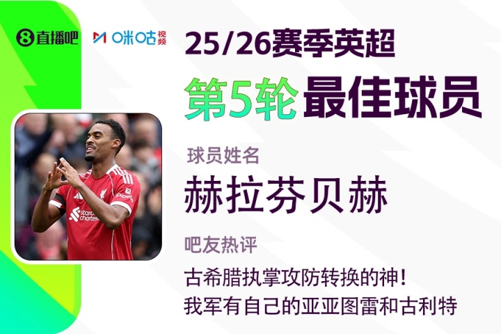 直播吧X咪咕體育|英超第5輪最佳：赫拉芬貝赫，執掌攻防轉換的神!