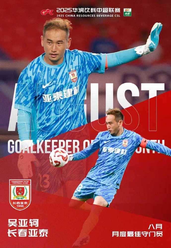 撲救成功率高達82%，亞泰門(mén)將吳亞軻當選中超8月最佳守門(mén)員
