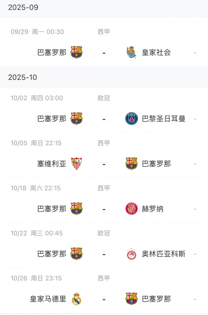 太難了！巴薩后續賽程：下周1周3賽，十月初踢巴黎十月底國家德比