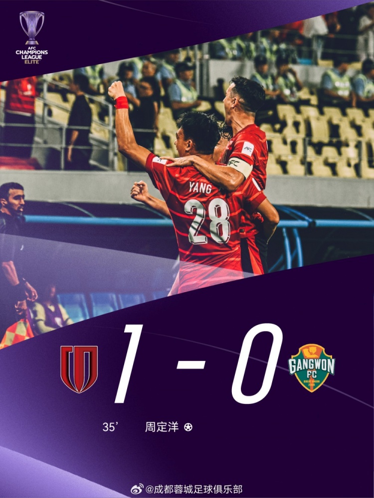 取得亞冠正賽首勝！成都蓉城1-0戰勝江原FC，周定洋獲得本場(chǎng)最佳